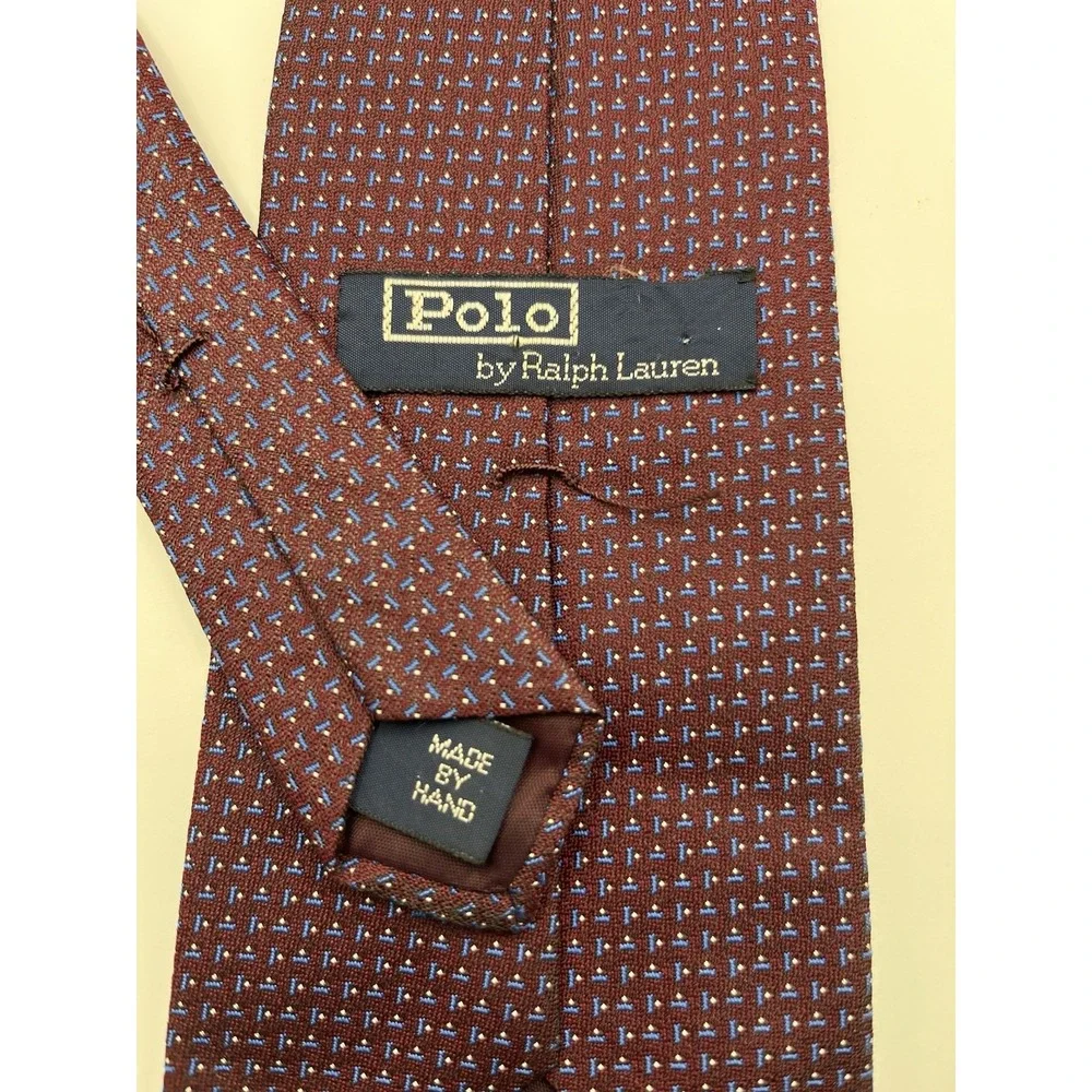 POLO RALPH LAUREN Mens Silk Necktie Burgundy Blue Geometric Hand Made in USA